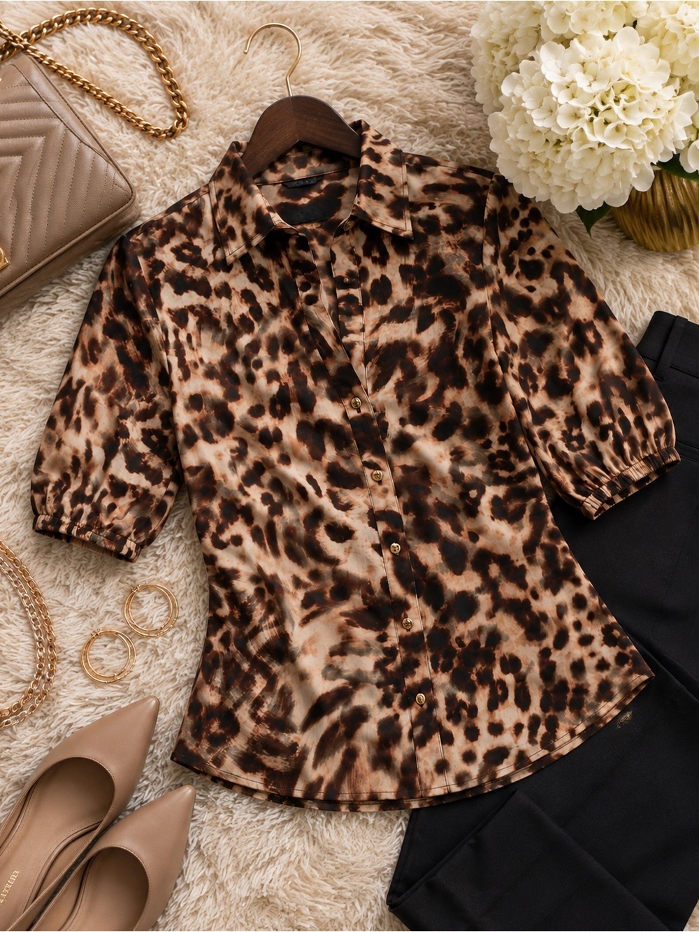 Halston Leopard Print Cotton Button Front Blouse Top XS NWT